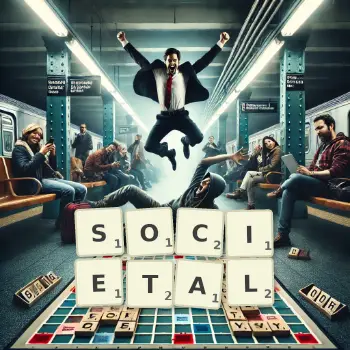 Creative illustration for a Scrabble game with the word SOCIETAL spelled out in tiles on the board.
