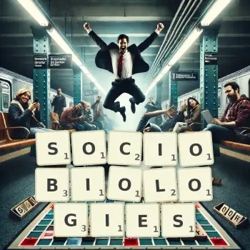 Creative illustration for a Scrabble game with the word SOCIOBIOLOGIES spelled out in tiles on the board.