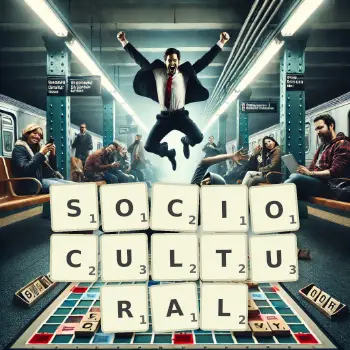 Creative illustration for a Scrabble game with the word SOCIOCULTURAL spelled out in tiles on the board.