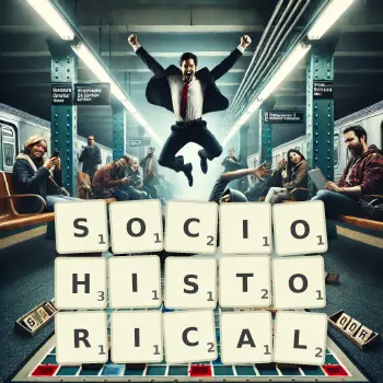 Creative illustration for a Scrabble game with the word SOCIOHISTORICAL spelled out in tiles on the board.