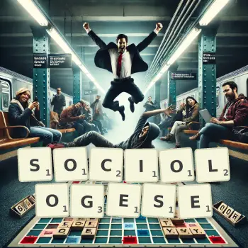 Creative illustration for a Scrabble game with the word SOCIOLOGESE spelled out in tiles on the board.