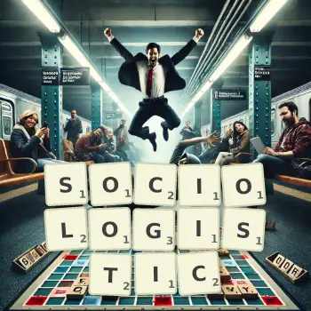 Creative illustration for a Scrabble game with the word SOCIOLOGISTIC spelled out in tiles on the board.