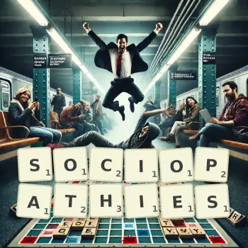 Creative illustration for a Scrabble game with the word SOCIOPATHIES spelled out in tiles on the board.