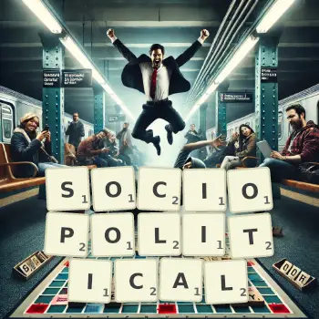 Creative illustration for a Scrabble game with the word SOCIOPOLITICAL spelled out in tiles on the board.