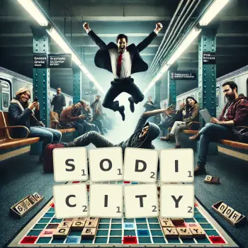 Creative illustration for a Scrabble game with the word SODICITY spelled out in tiles on the board.