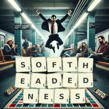 Creative illustration for a Scrabble game with the word SOFTHEADEDNESS spelled out in tiles on the board.
