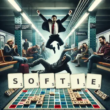 Creative illustration for a Scrabble game with the word SOFTIE spelled out in tiles on the board.