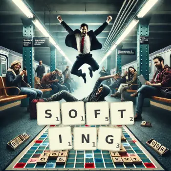 Creative illustration for a Scrabble game with the word SOFTING spelled out in tiles on the board.