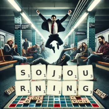 Creative illustration for a Scrabble game with the word SOJOURNING spelled out in tiles on the board.