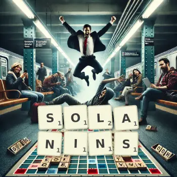 Creative illustration for a Scrabble game with the word SOLANINS spelled out in tiles on the board.