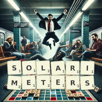 Creative illustration for a Scrabble game with the word SOLARIMETERS spelled out in tiles on the board.