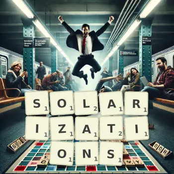 Creative illustration for a Scrabble game with the word SOLARIZATIONS spelled out in tiles on the board.
