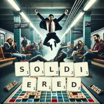 Creative illustration for a Scrabble game with the word SOLDIERED spelled out in tiles on the board.