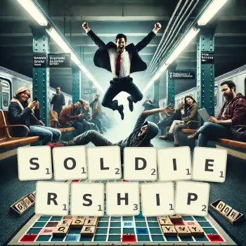 Creative illustration for a Scrabble game with the word SOLDIERSHIP spelled out in tiles on the board.