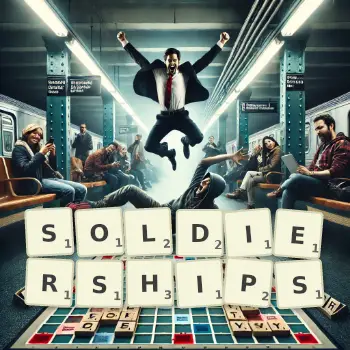 Creative illustration for a Scrabble game with the word SOLDIERSHIPS spelled out in tiles on the board.