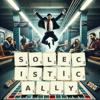 Creative illustration for a Scrabble game with the word SOLECISTICALLY spelled out in tiles on the board.