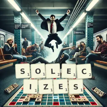 Creative illustration for a Scrabble game with the word SOLECIZES spelled out in tiles on the board.