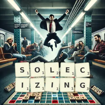 Creative illustration for a Scrabble game with the word SOLECIZING spelled out in tiles on the board.