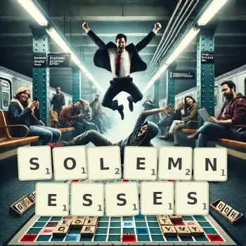 Creative illustration for a Scrabble game with the word SOLEMNESSES spelled out in tiles on the board.