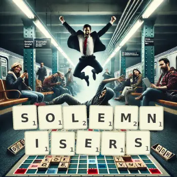 Creative illustration for a Scrabble game with the word SOLEMNISERS spelled out in tiles on the board.