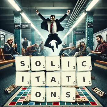 Creative illustration for a Scrabble game with the word SOLICITATIONS spelled out in tiles on the board.