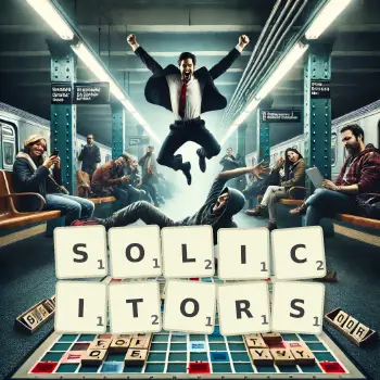Creative illustration for a Scrabble game with the word SOLICITORS spelled out in tiles on the board.