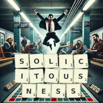 Creative illustration for a Scrabble game with the word SOLICITOUSNESS spelled out in tiles on the board.