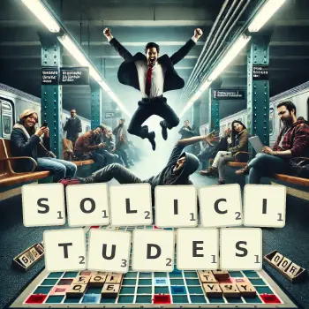 Creative illustration for a Scrabble game with the word SOLICITUDES spelled out in tiles on the board.