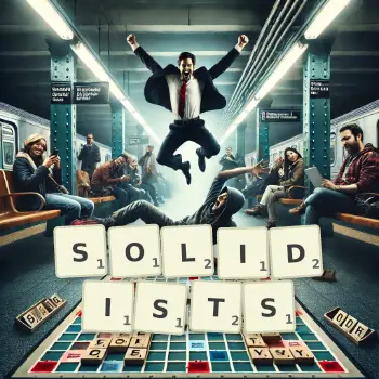 Creative illustration for a Scrabble game with the word SOLIDISTS spelled out in tiles on the board.