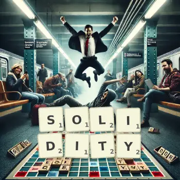 Creative illustration for a Scrabble game with the word SOLIDITY spelled out in tiles on the board.