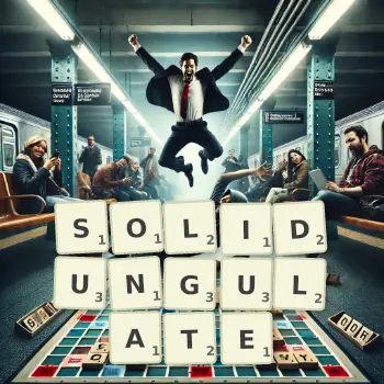 Creative illustration for a Scrabble game with the word SOLIDUNGULATE spelled out in tiles on the board.