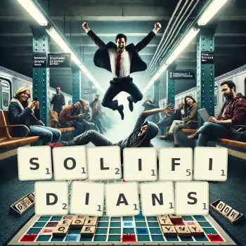 Creative illustration for a Scrabble game with the word SOLIFIDIANS spelled out in tiles on the board.