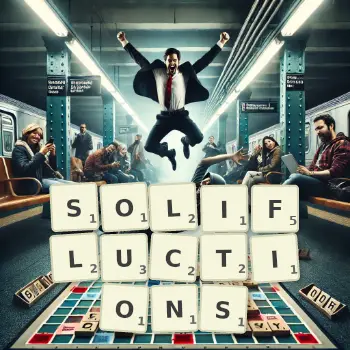 Creative illustration for a Scrabble game with the word SOLIFLUCTIONS spelled out in tiles on the board.