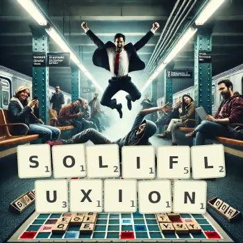 Creative illustration for a Scrabble game with the word SOLIFLUXION spelled out in tiles on the board.