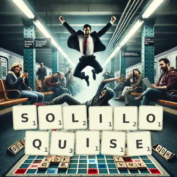 Creative illustration for a Scrabble game with the word SOLILOQUISE spelled out in tiles on the board.