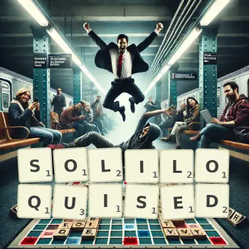 Creative illustration for a Scrabble game with the word SOLILOQUISED spelled out in tiles on the board.