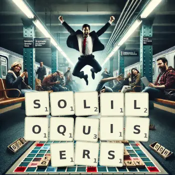 Creative illustration for a Scrabble game with the word SOLILOQUISERS spelled out in tiles on the board.