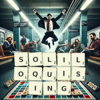 Creative illustration for a Scrabble game with the word SOLILOQUISING spelled out in tiles on the board.
