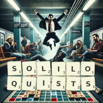 Creative illustration for a Scrabble game with the word SOLILOQUISTS spelled out in tiles on the board.