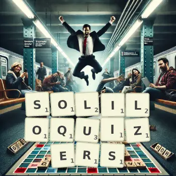 Creative illustration for a Scrabble game with the word SOLILOQUIZERS spelled out in tiles on the board.