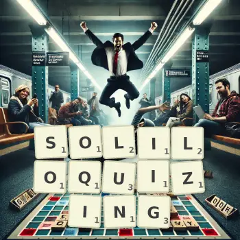 Creative illustration for a Scrabble game with the word SOLILOQUIZING spelled out in tiles on the board.