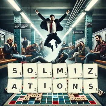 Creative illustration for a Scrabble game with the word SOLMIZATIONS spelled out in tiles on the board.