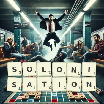Creative illustration for a Scrabble game with the word SOLONISATION spelled out in tiles on the board.
