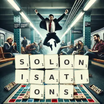 Creative illustration for a Scrabble game with the word SOLONISATIONS spelled out in tiles on the board.