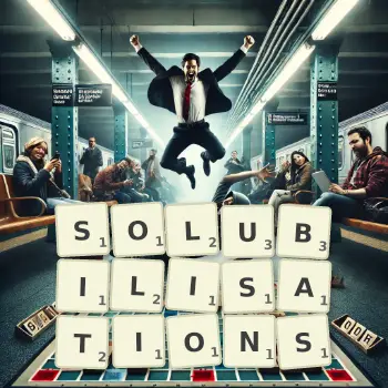 Creative illustration for a Scrabble game with the word SOLUBILISATIONS spelled out in tiles on the board.