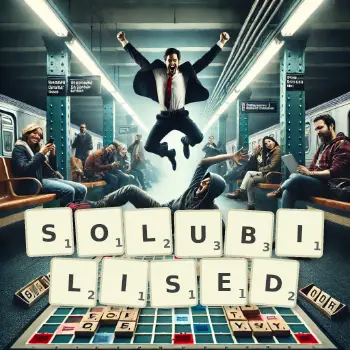 Creative illustration for a Scrabble game with the word SOLUBILISED spelled out in tiles on the board.