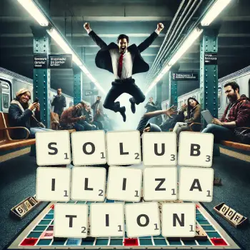 Creative illustration for a Scrabble game with the word SOLUBILIZATION spelled out in tiles on the board.