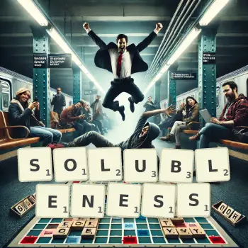 Creative illustration for a Scrabble game with the word SOLUBLENESS spelled out in tiles on the board.