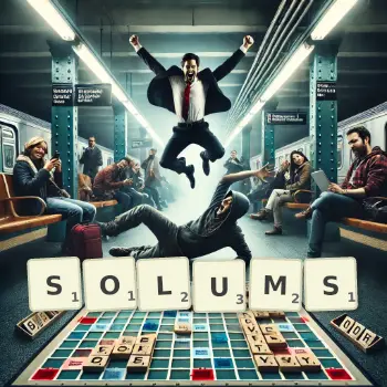 Creative illustration for a Scrabble game with the word SOLUMS spelled out in tiles on the board.