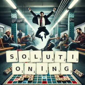 Creative illustration for a Scrabble game with the word SOLUTIONING spelled out in tiles on the board.